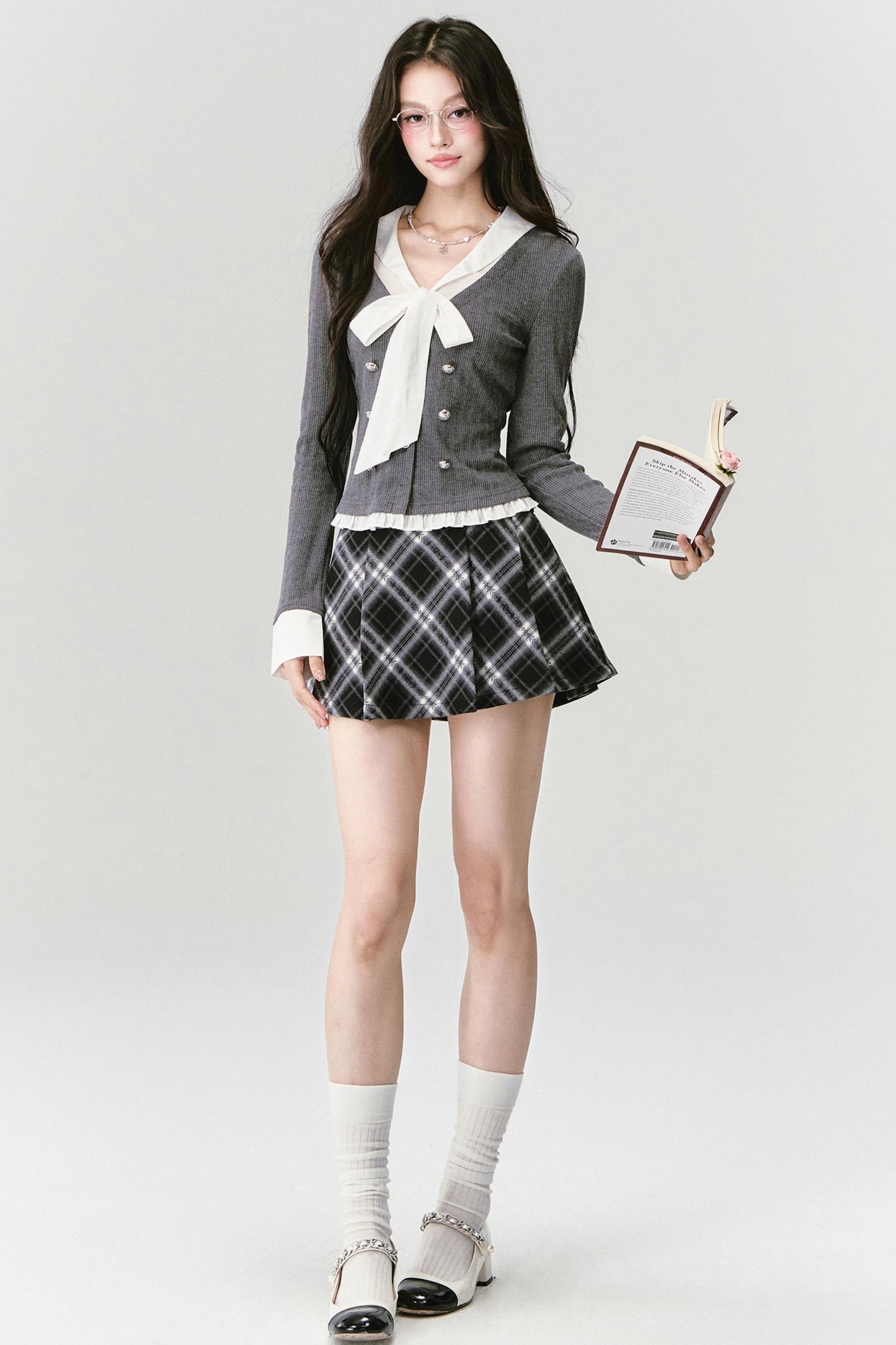 Bow Knit Fake Two-Piece College Top Set-Up