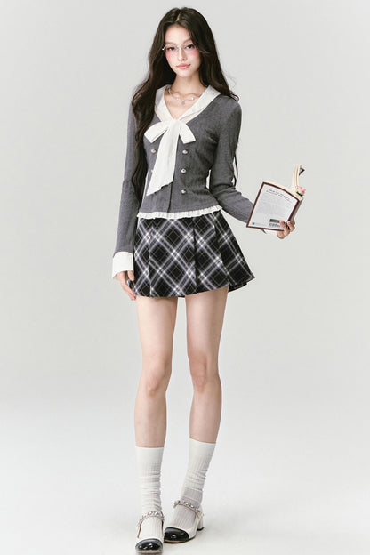 Bow Knit Fake Two-Piece College Top Set-Up