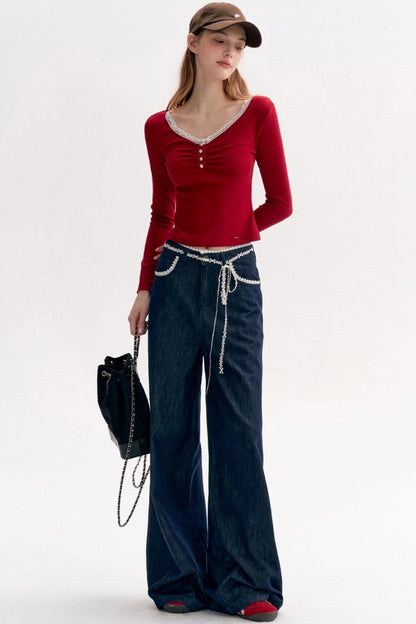 Lace Panel Bow Wide-Leg Jeans