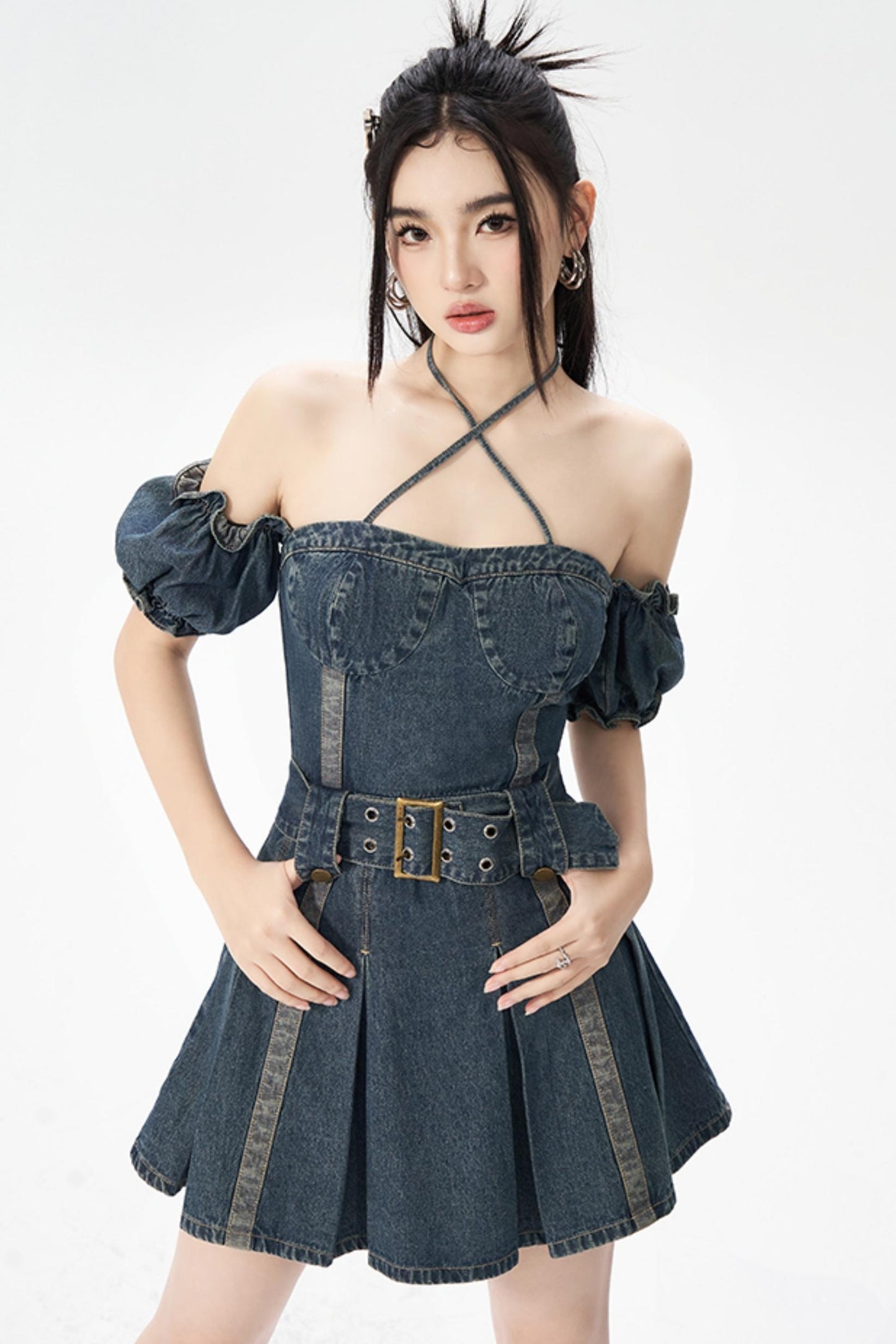 Vintage One-Shoulder Bubble Sleeves Denim Dress
