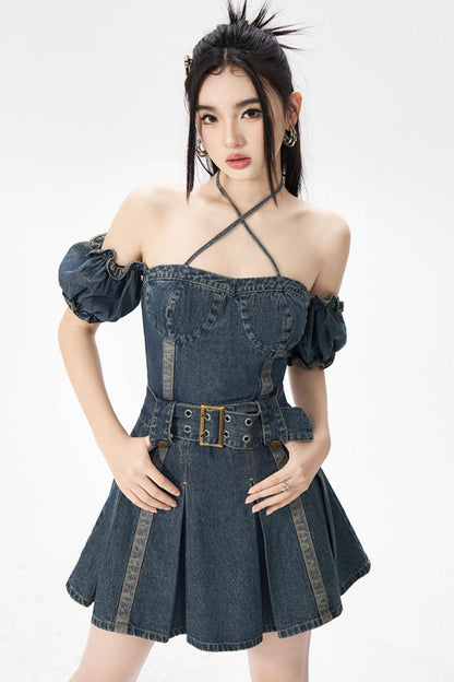 Vintage One-Shoulder Bubble Sleeves Denim Dress