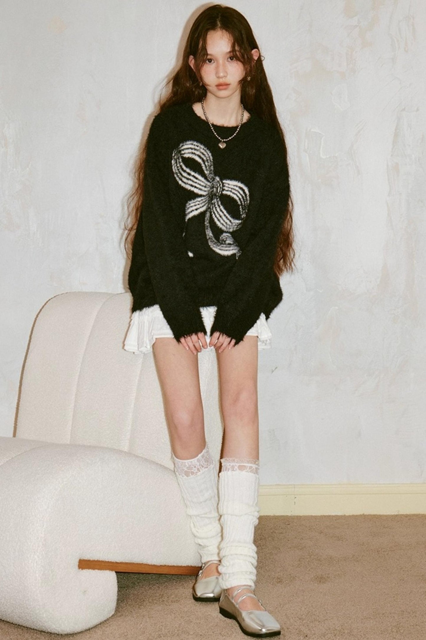 Striped Bow Faux Mink Sweater