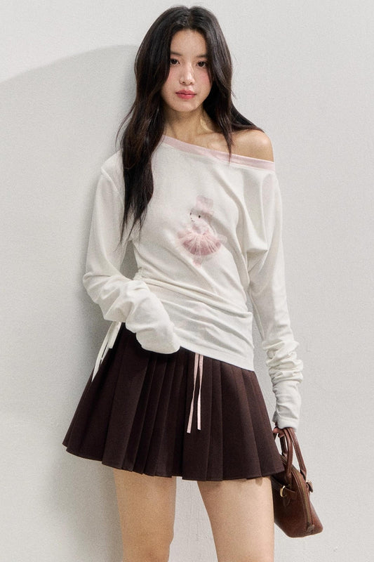 Slanted Shoulder Cotton Retro Long-Sleeved T-Shirt