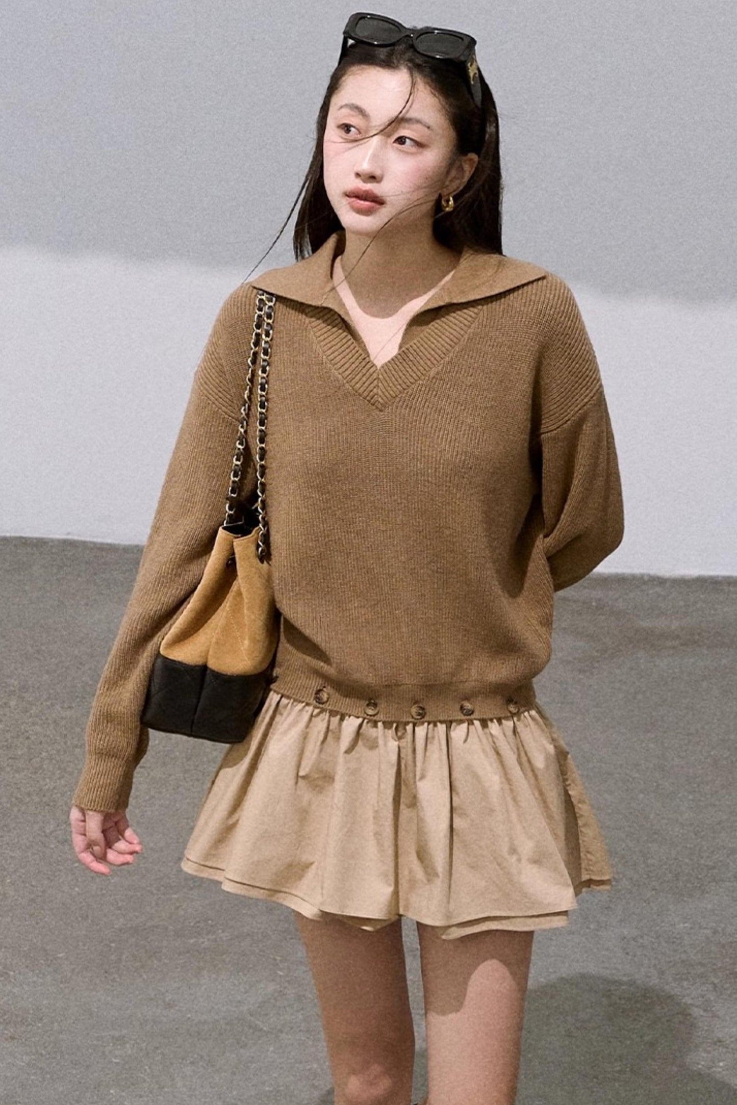 Wool V-Neck Detachable Skirt Dress