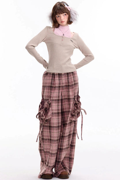 American Pink Plaid Wide-Leg Slacks