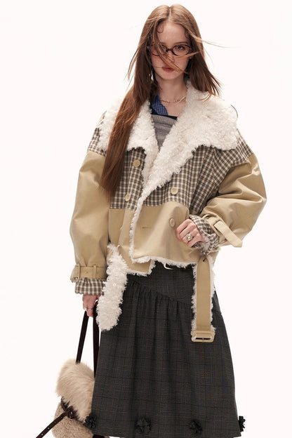 Plaid Fur Collar Large Lapel Jacket