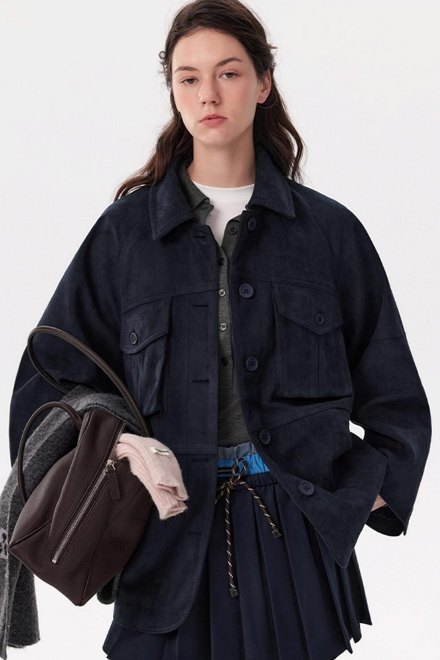 Cold Mid-Length Navy Suede Jacket