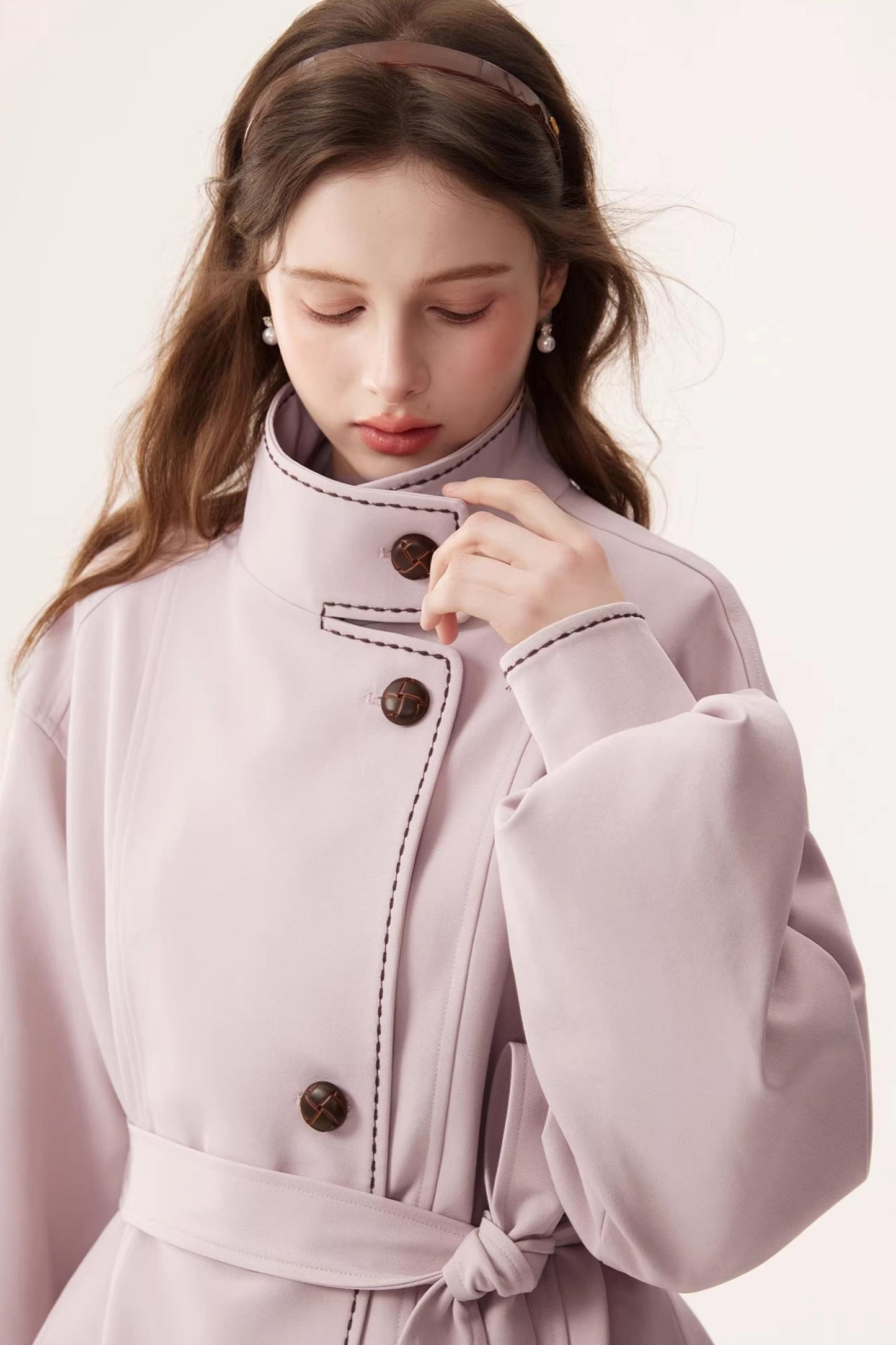 Stand Collar Lantern Sleeve Trench Coat