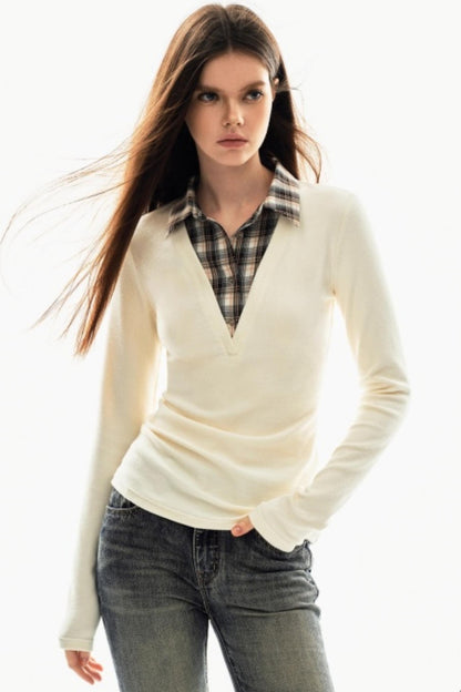 Plaid V-Neck Knit Sweater