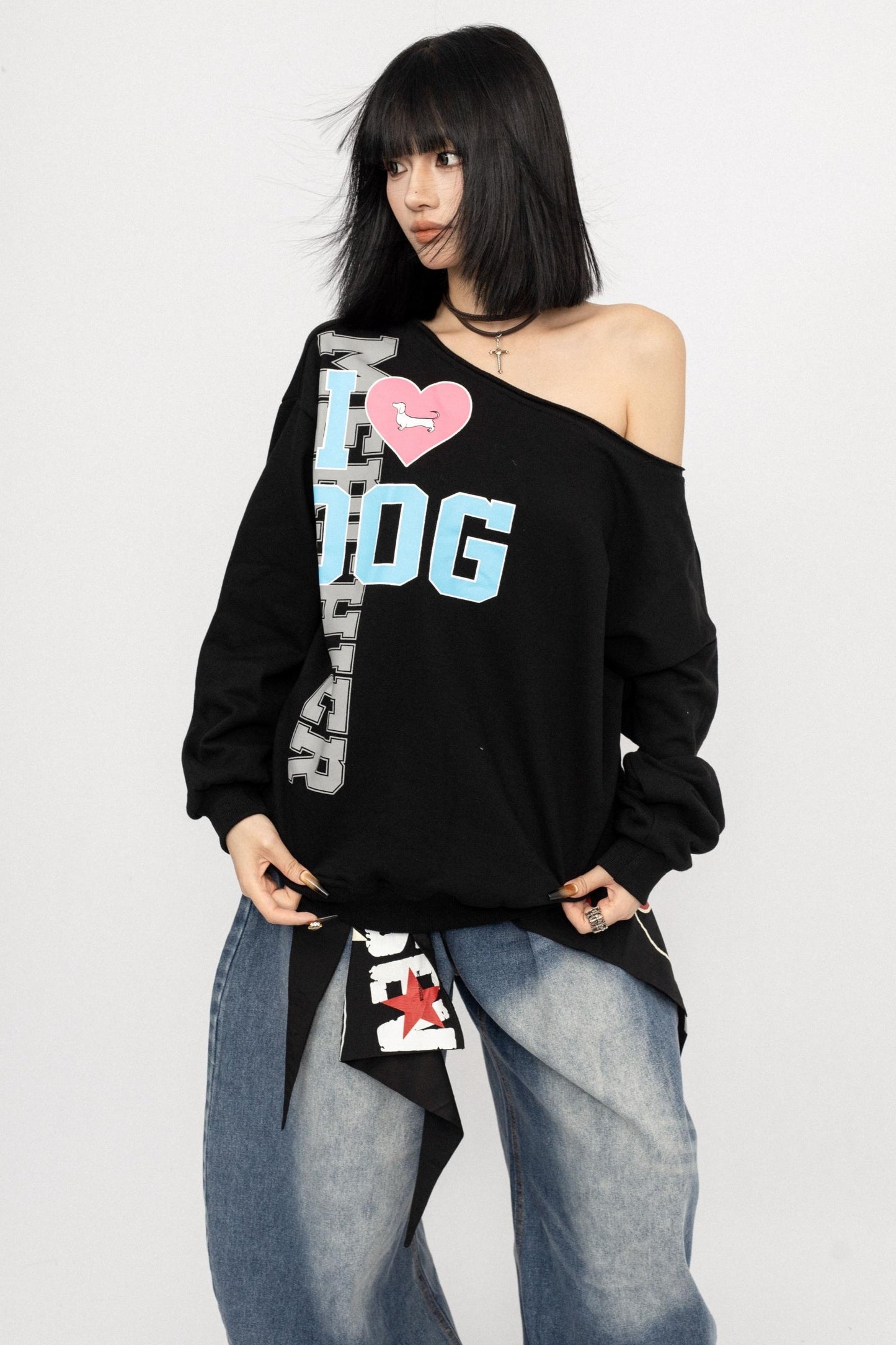 American Love Slanted Print Long Sleeve Top