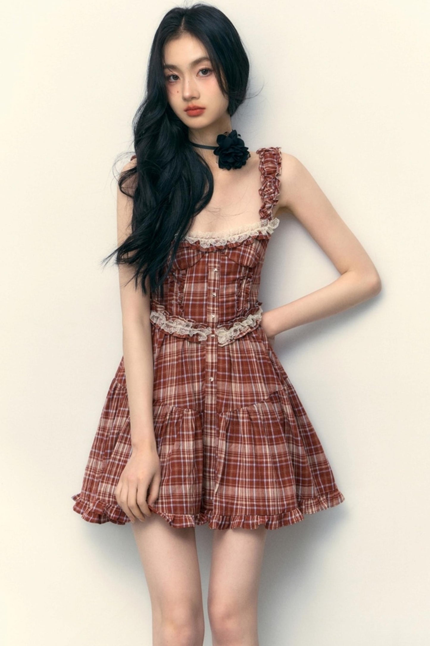 Pink Plaid Ruffle Lace Cami Dress