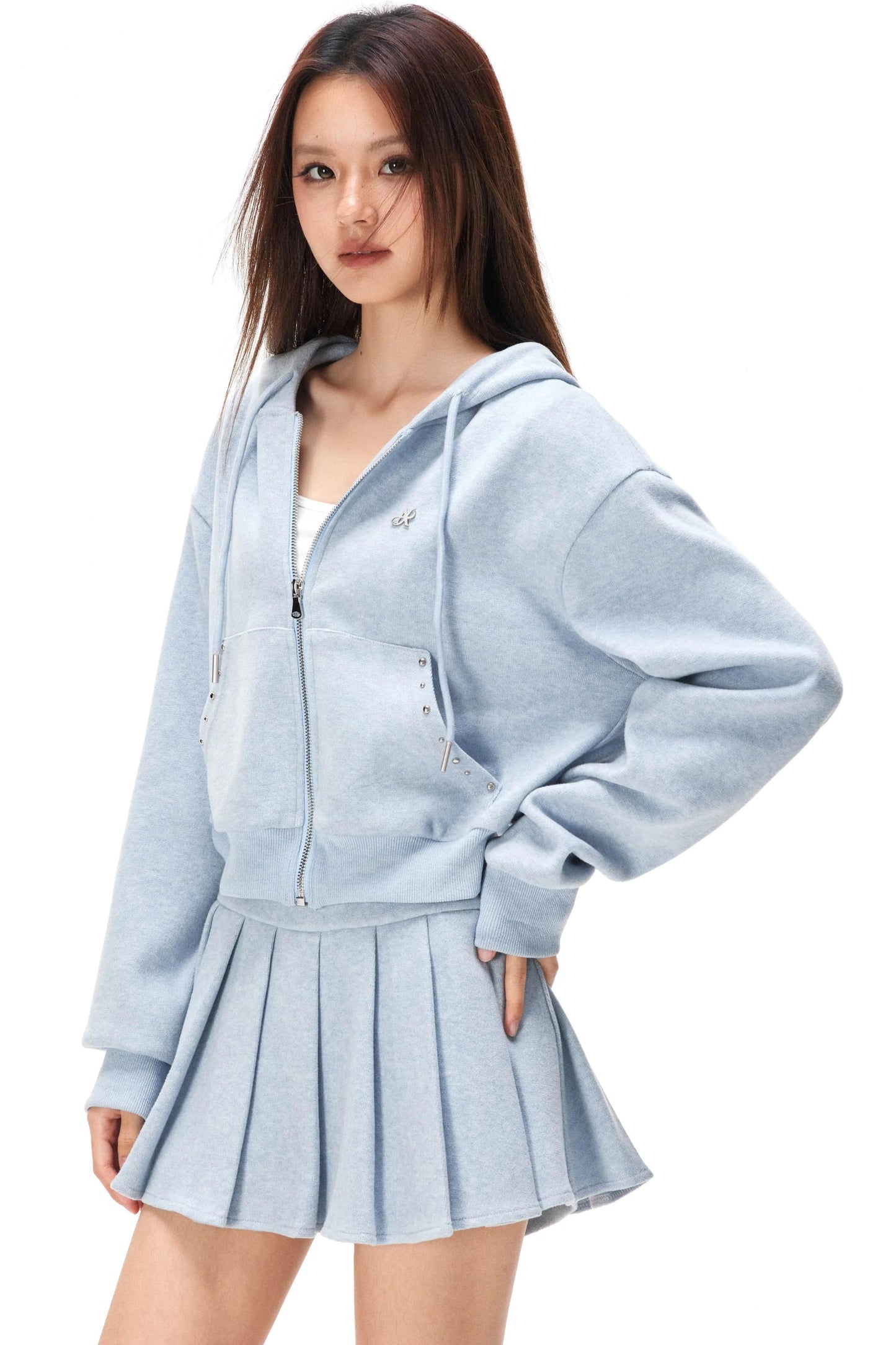 Pocket Studded Hooded Cardigan Set-Up