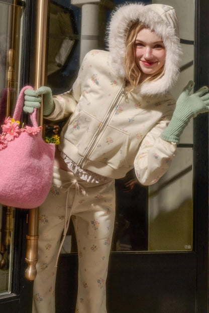 Milky Way Floral Fur Collar Jacket Set-Up