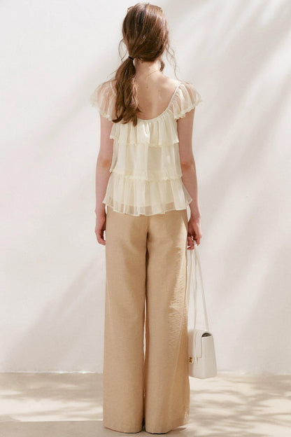 Square-Neck Chiffon Ruffle Blouse