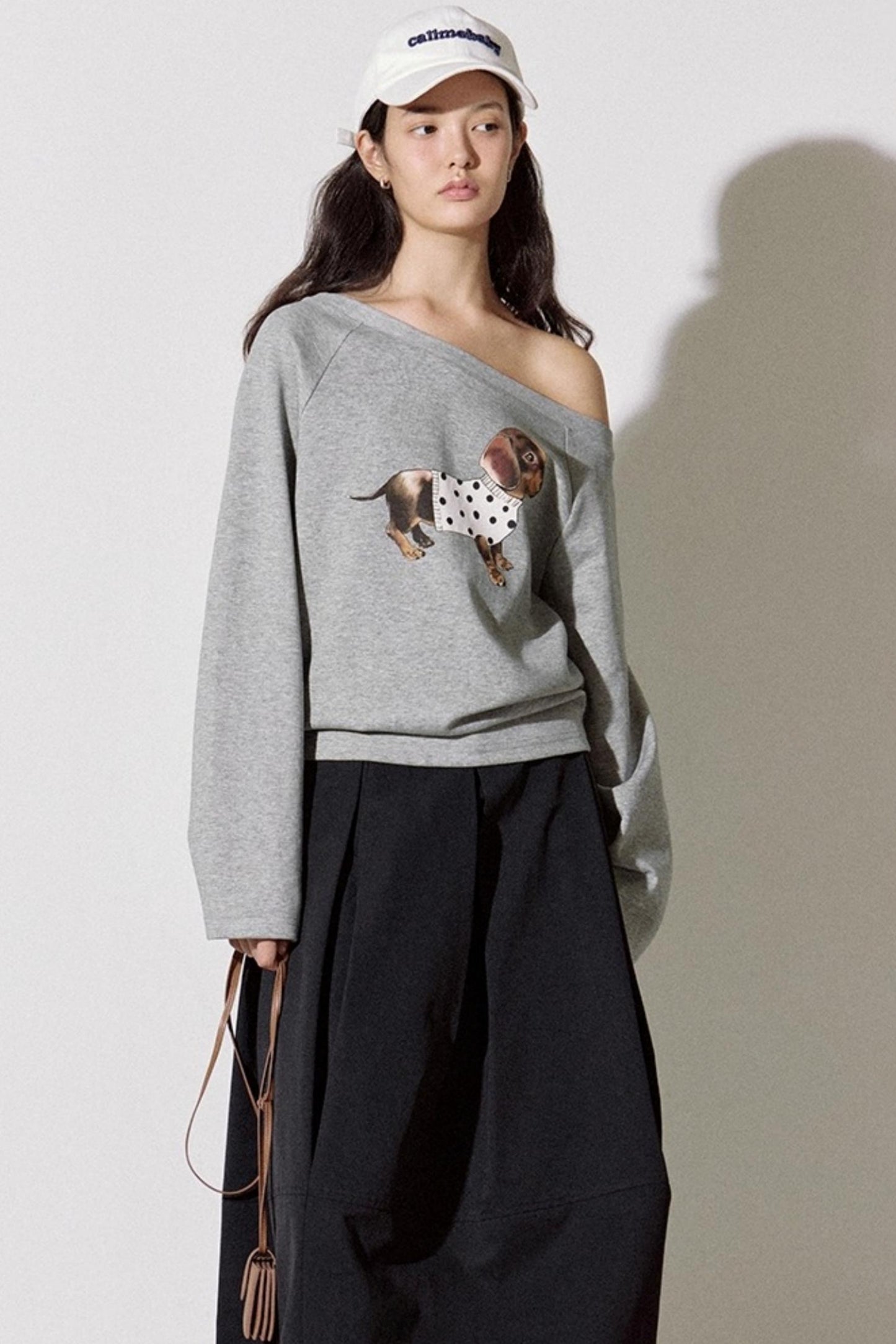 Puppy Print Slanted Shoulder T-shirt