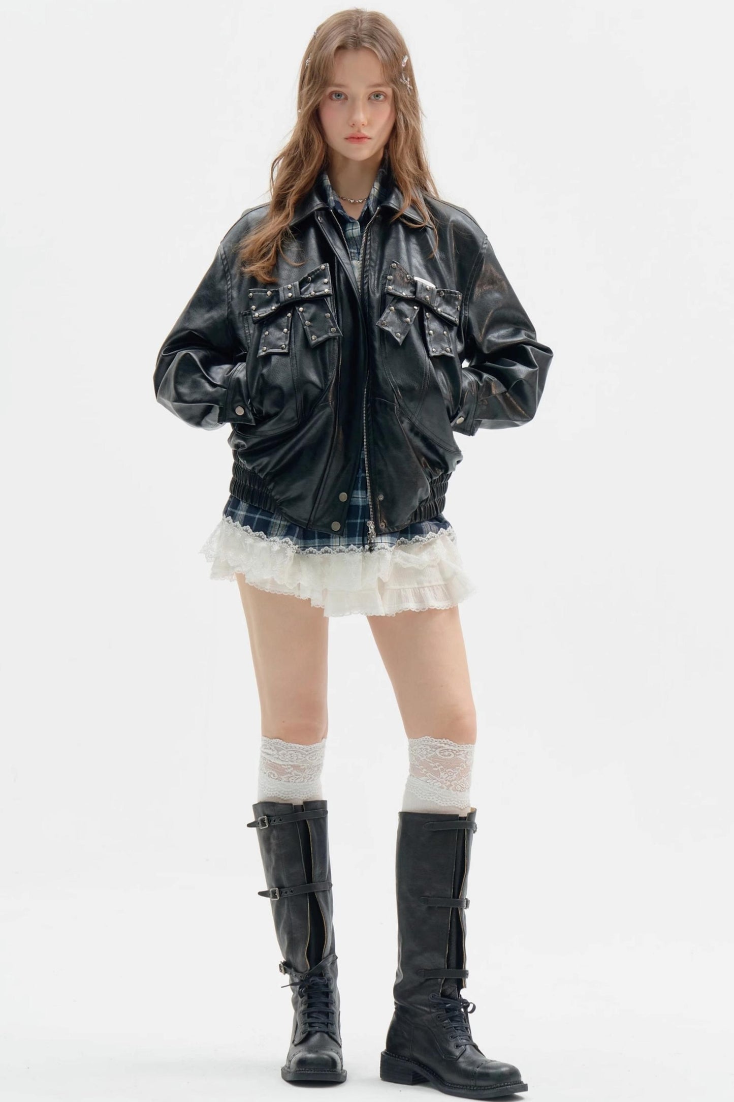 Premium Bow Black PU Leather Jacket