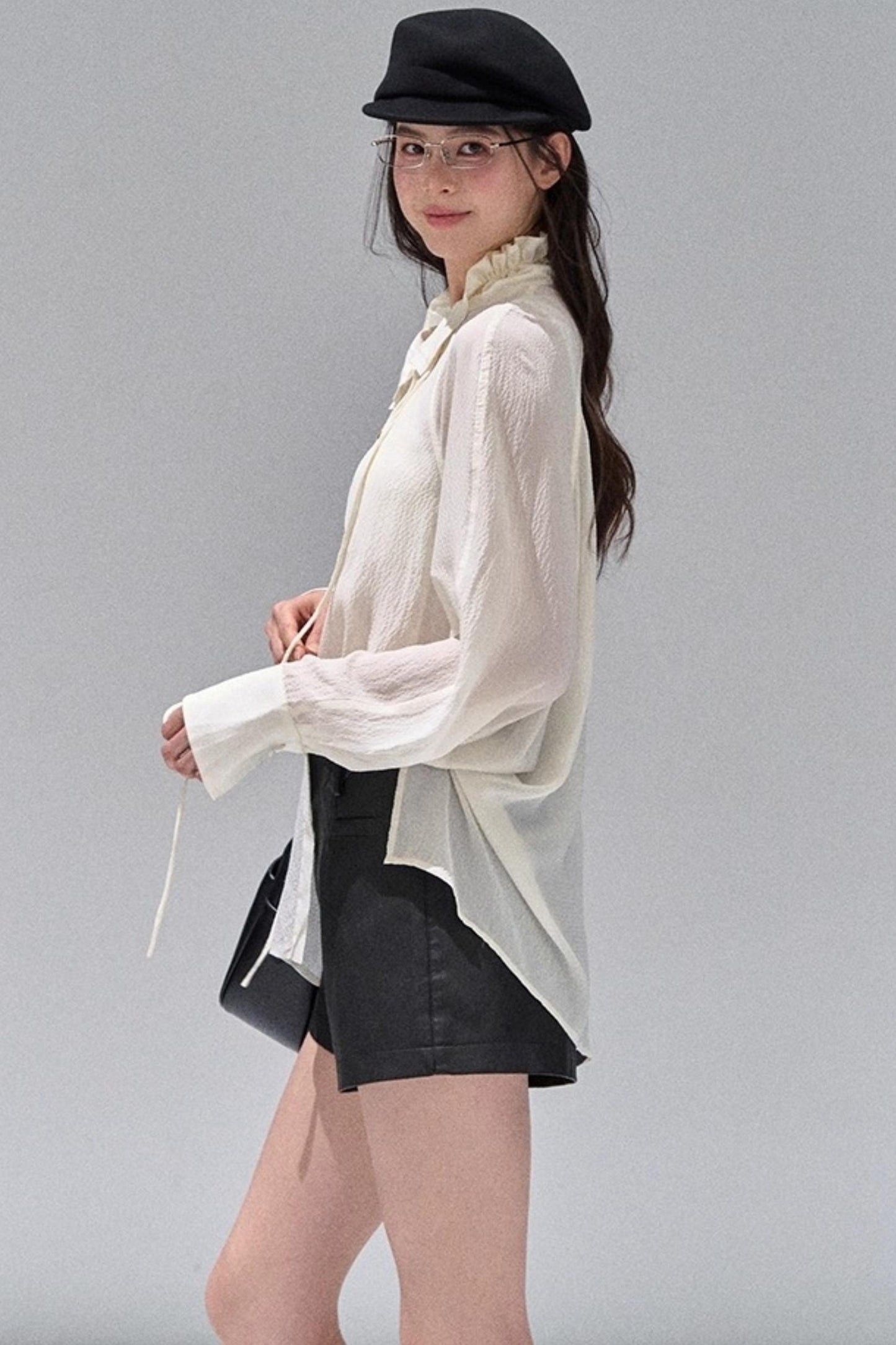 Fungus Edge Collar Drawstring Lace-up Shirt