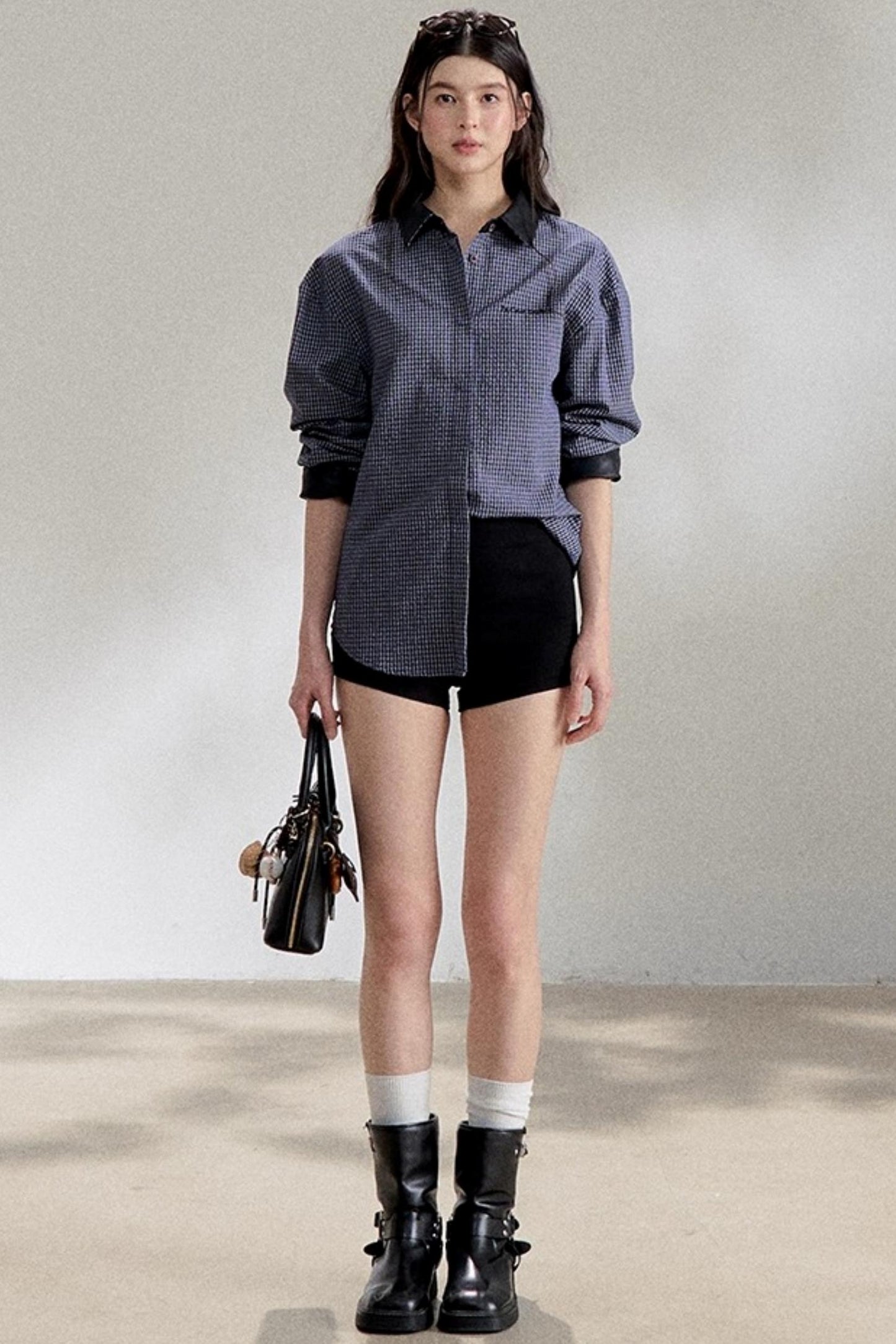 Navy Blue PU Leather Plaid Shirt