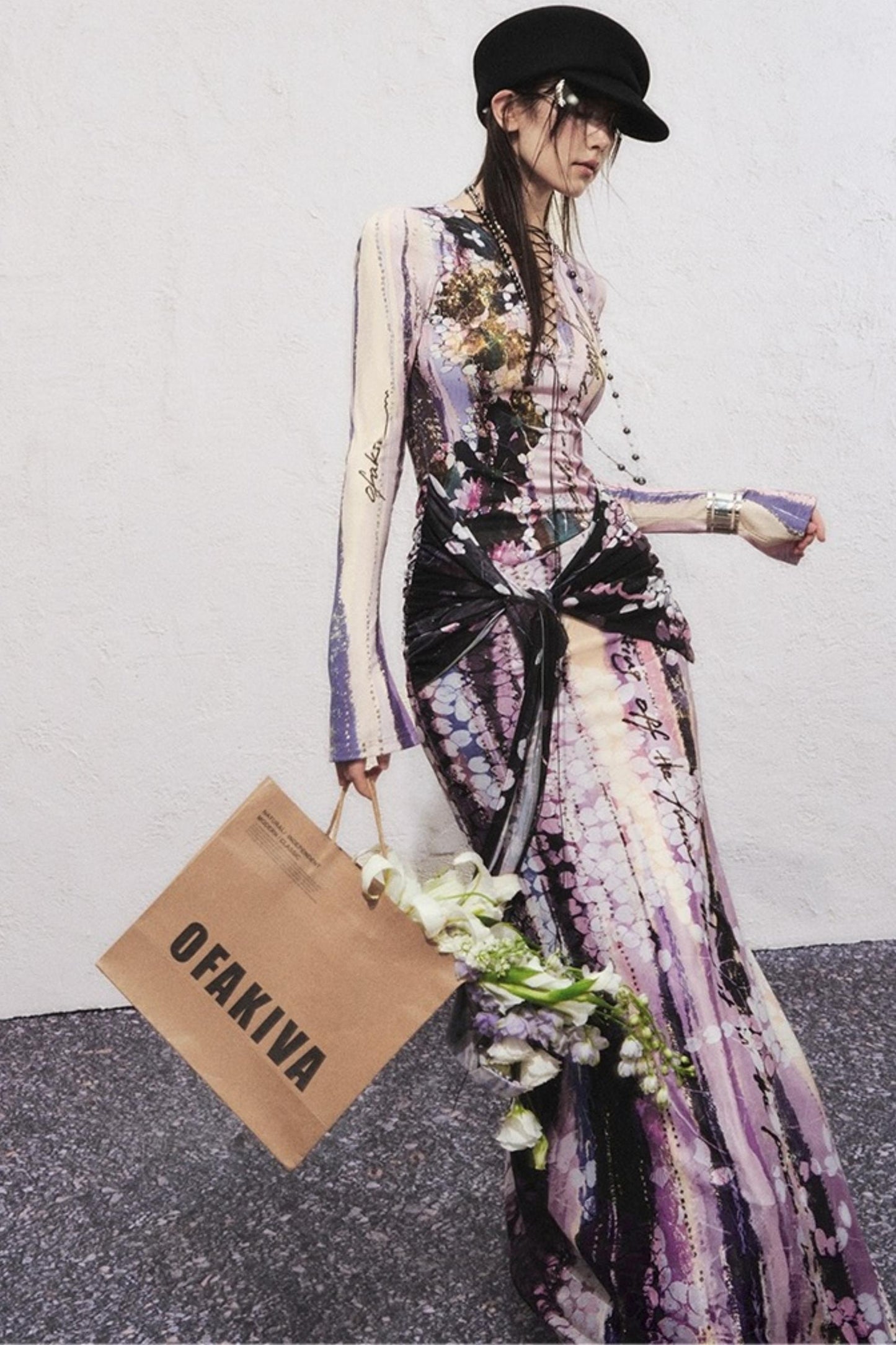 Lotus Print Fake Two-Piece Mermaid Dress