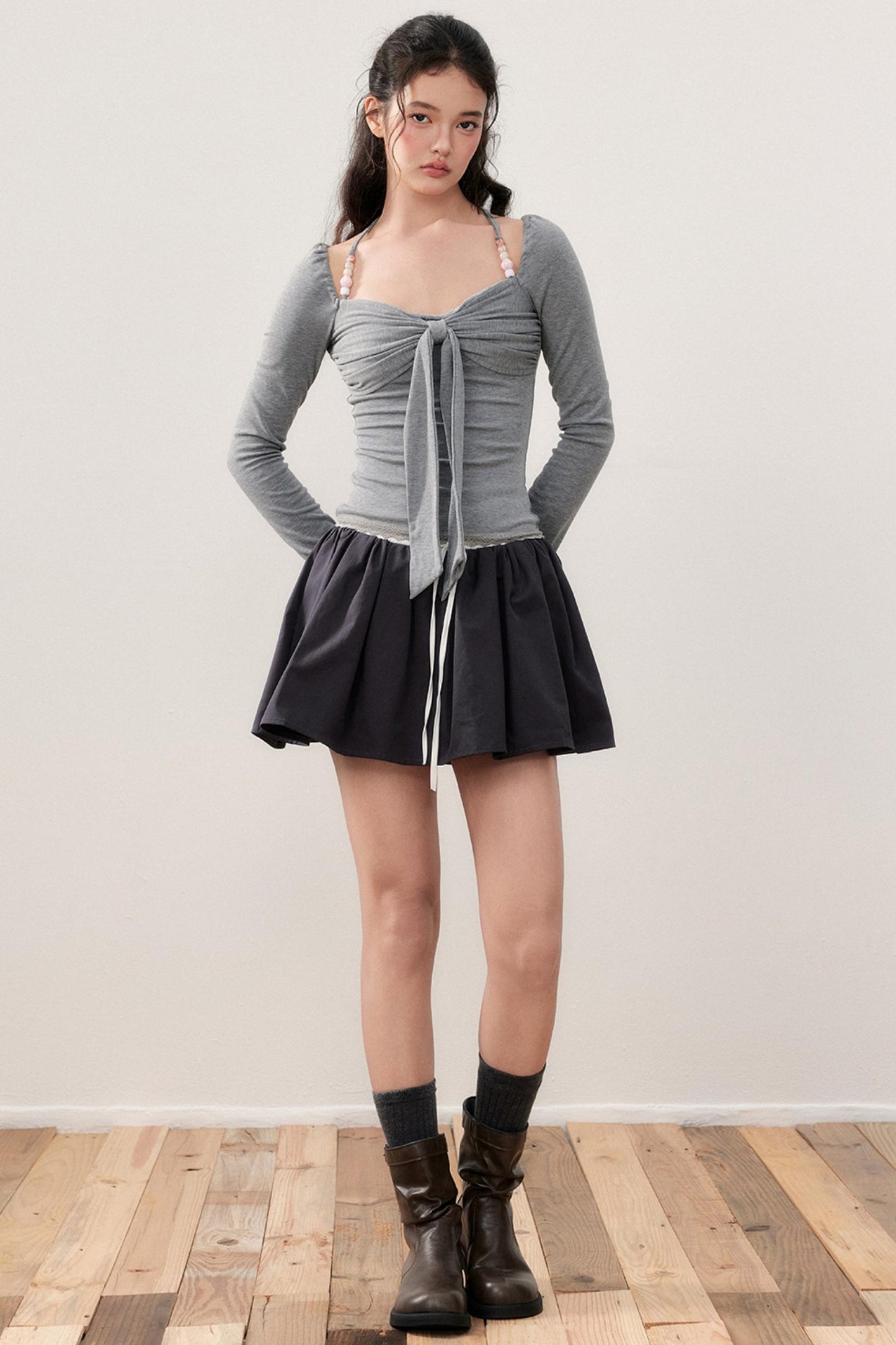 Pleated Bow Beaded Halterneck Top