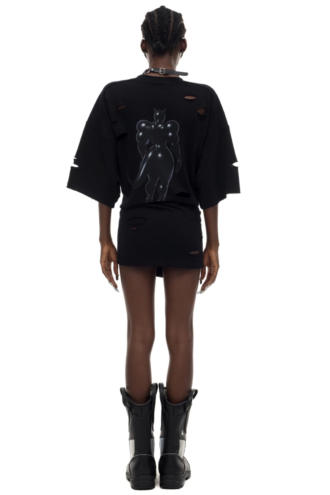 Cat Print Waist Black T-Shirt