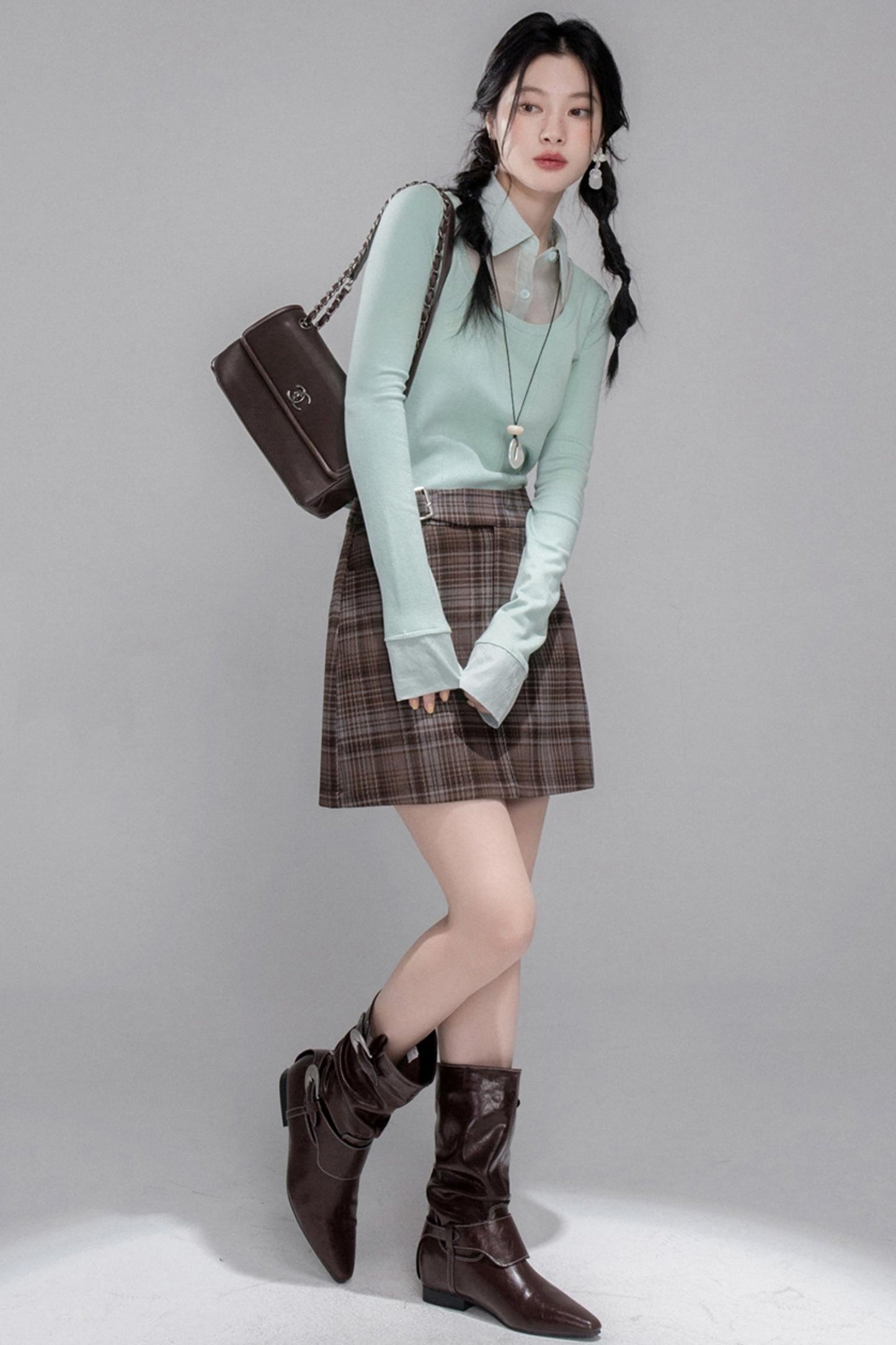 Brushed Plaid Brown Skirt