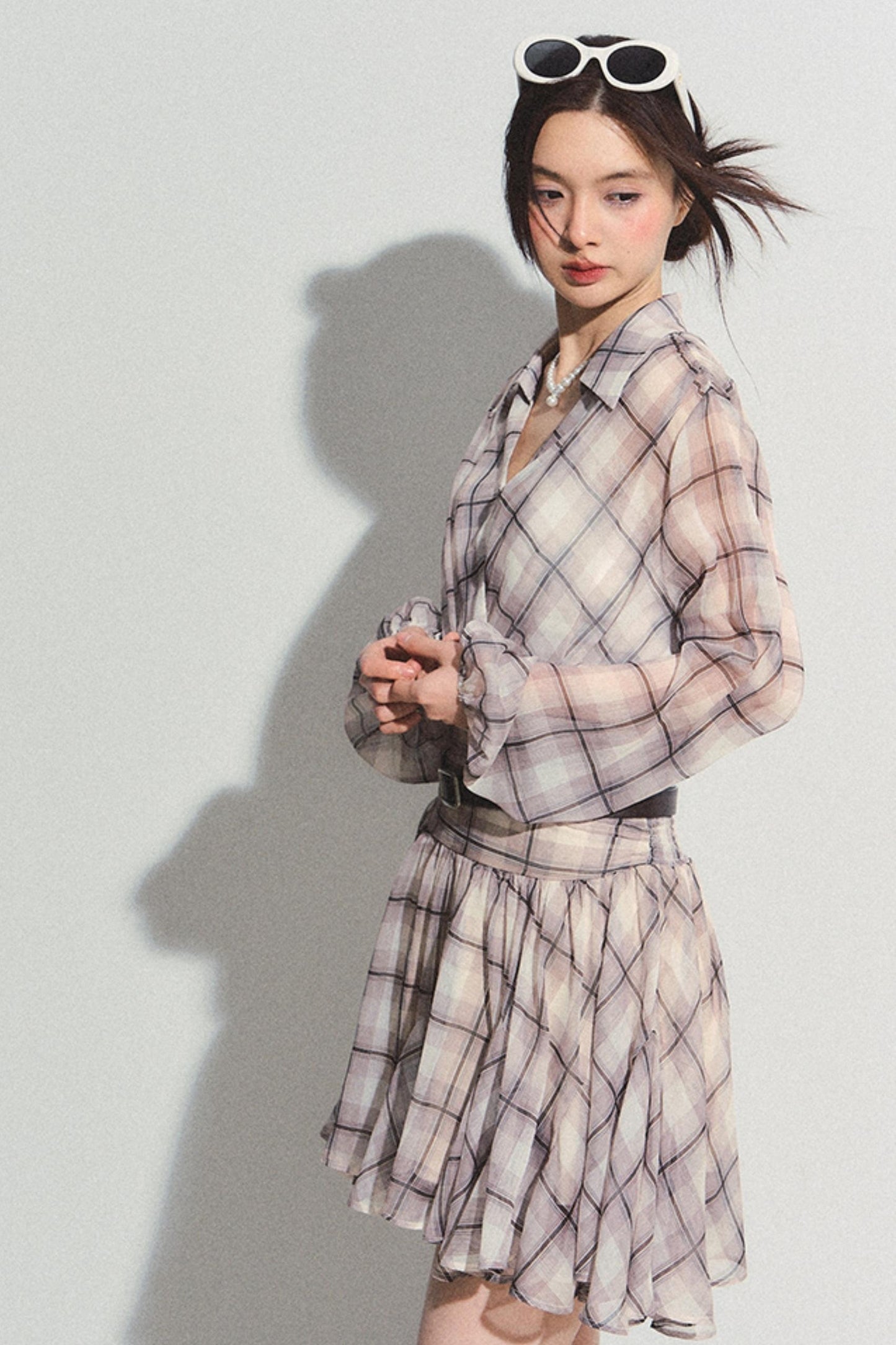 Recoin Sheer Plaid Ruffle A-Line Dress