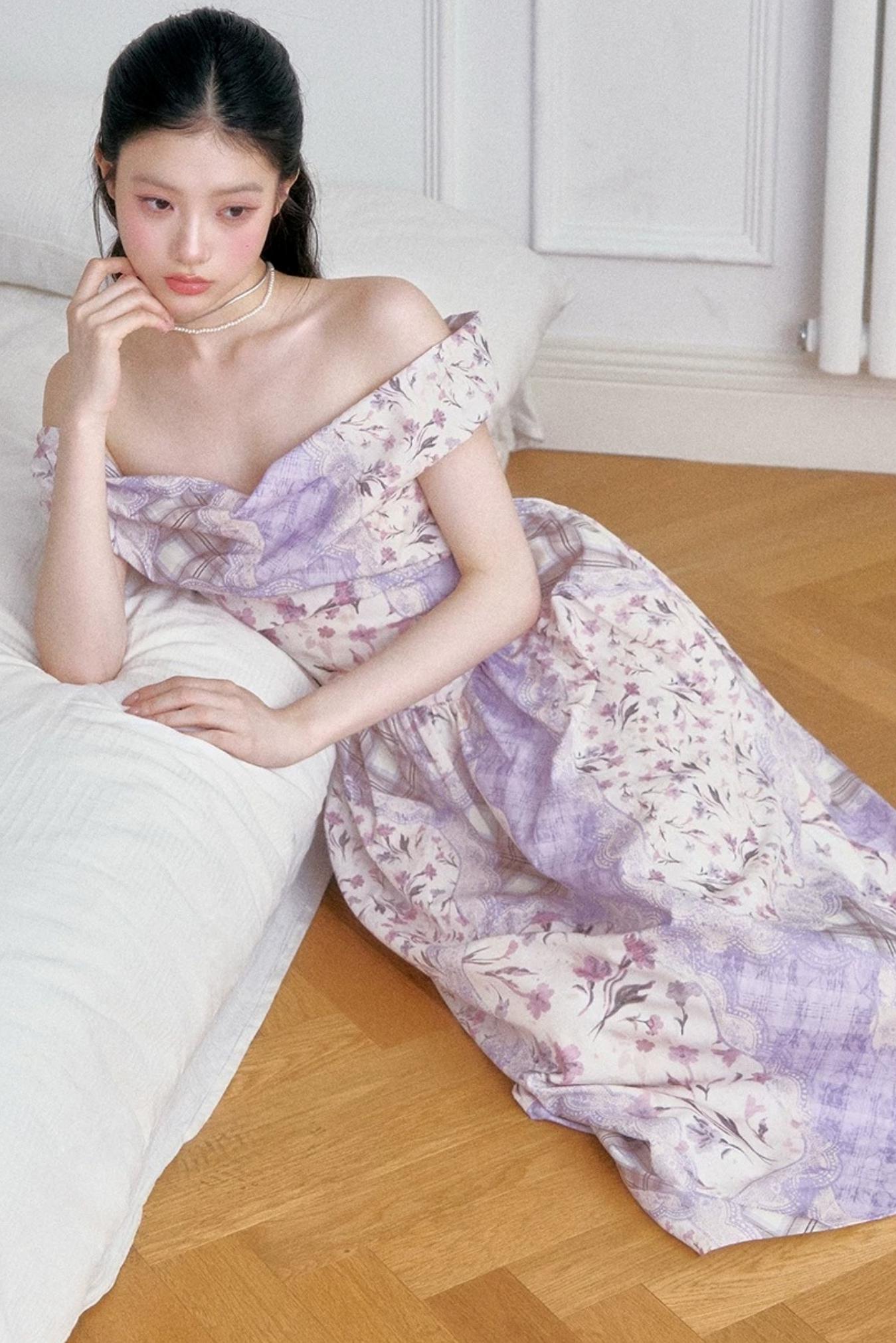 Purple Mist Plaid Off-Shoulder Dress