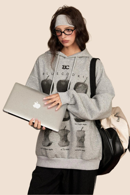 Retro Gray Hooded Pullover Sweatshirt