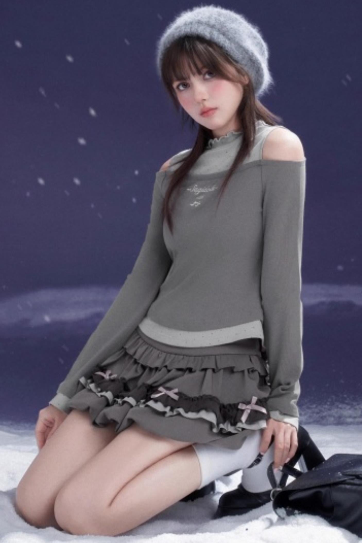 Gray-Purple Bowknot Off-Shoulder Top