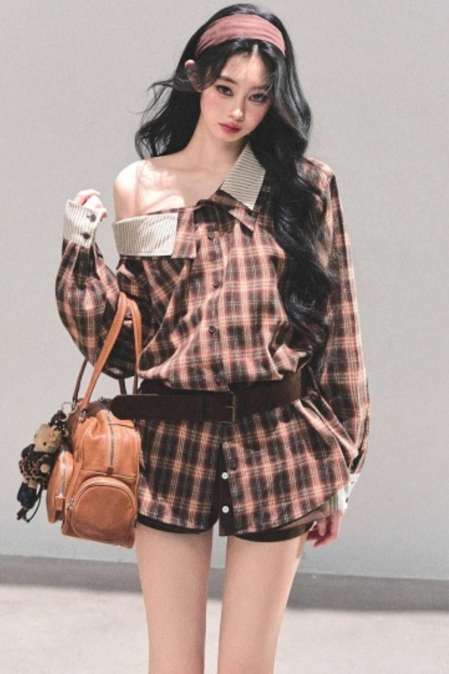 Off-Shoulder Plaid Shirt