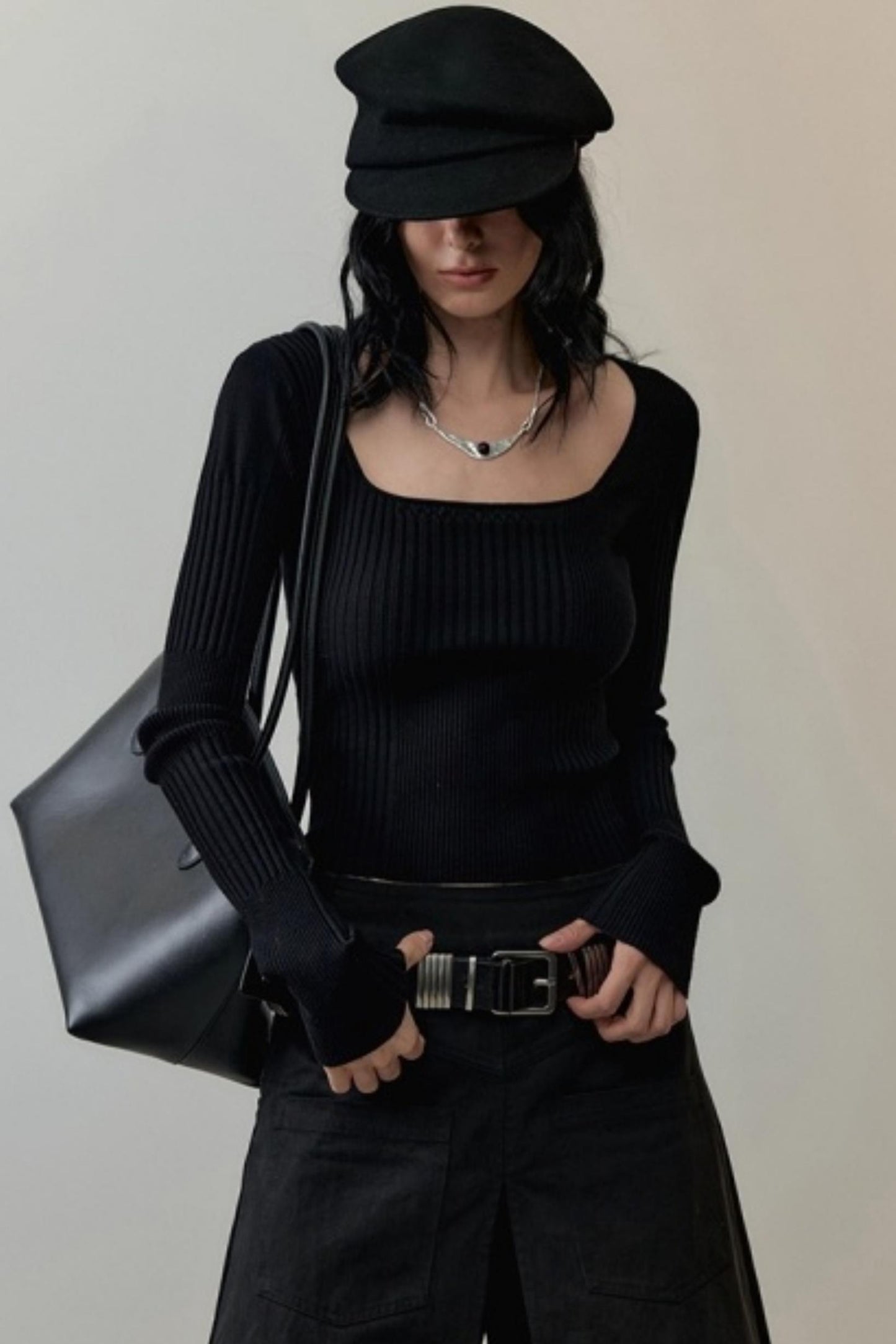 Patchwork Square Collar Knit Top