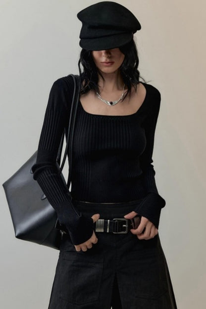 Patchwork Square Collar Knit Top