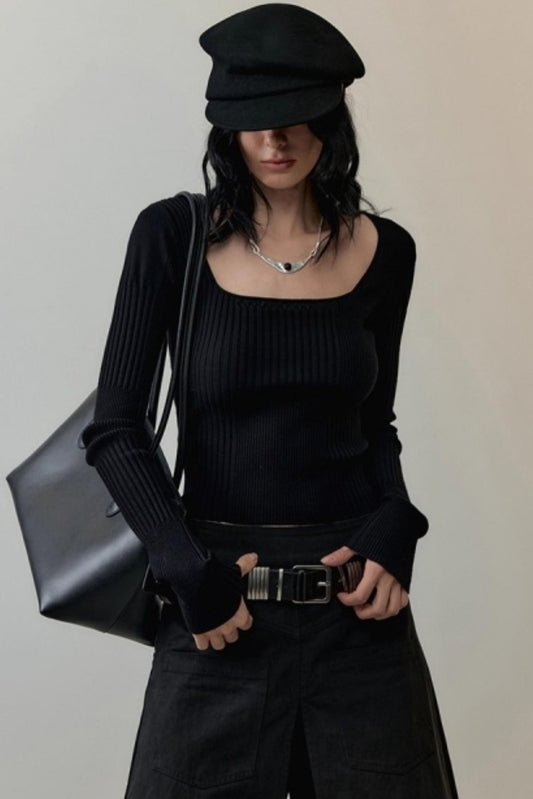 Patchwork Square Collar Knit Top