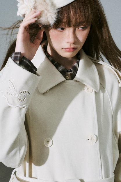 Creamy Hollow Flower Trench Coat