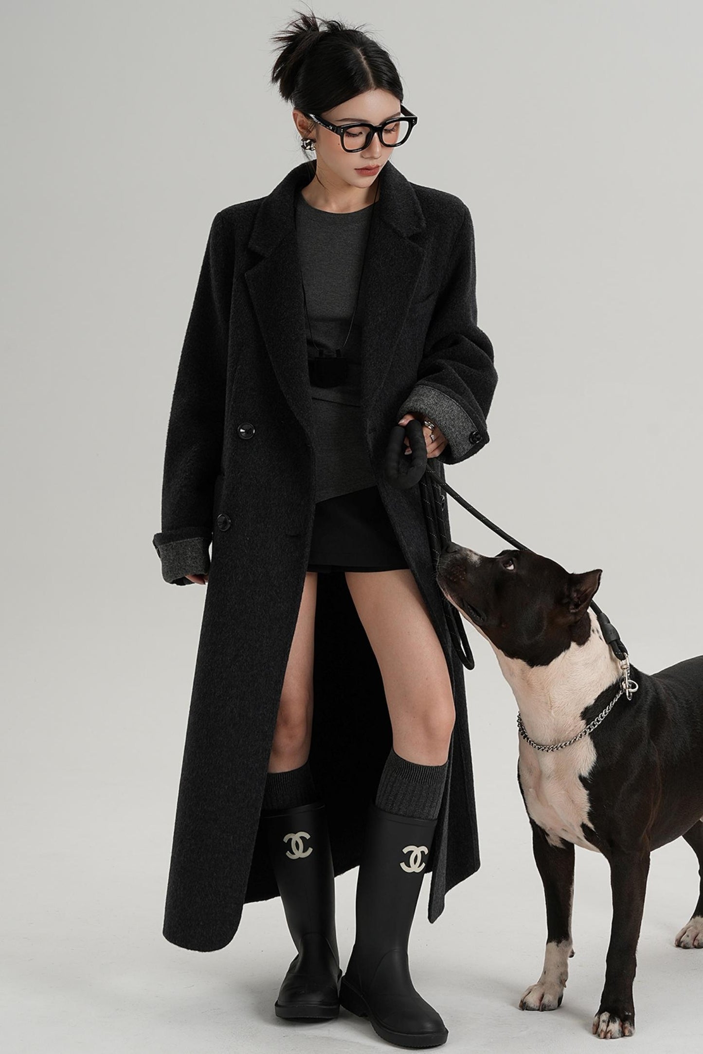 Turn-Sleeve Suit Collar Long Wool Coat