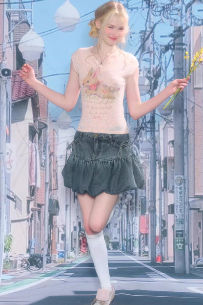 Sweet Bubble Bowknot Denim Skirt