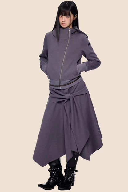 Diagonal Zipper Hooded Jacket Set-Up