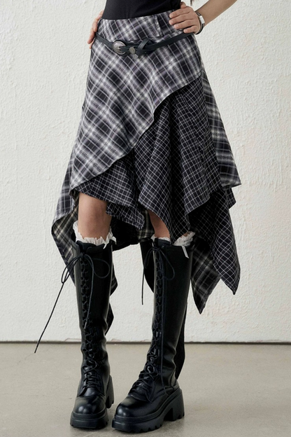 Irregular Hem Plaid Skirt Set