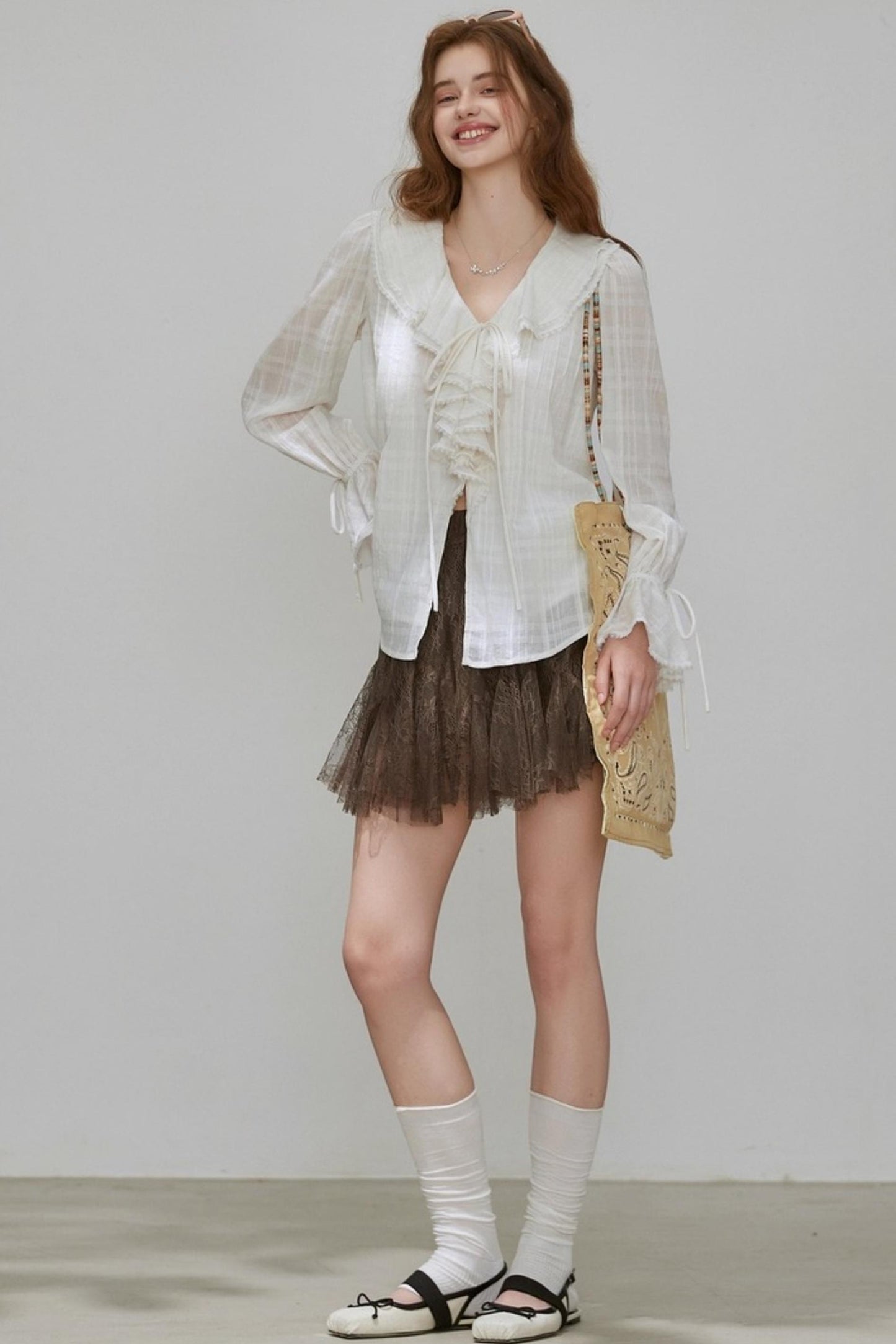 White V-Neck Ruffled French Top Shirt