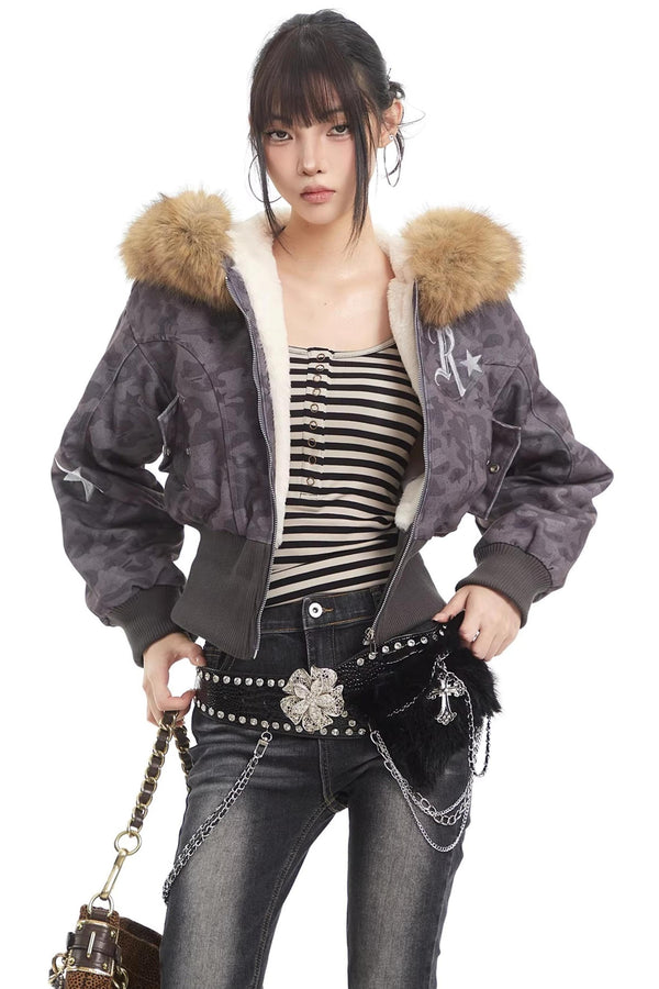 Retro Camouflage Fur Collar Hooded Jacket
