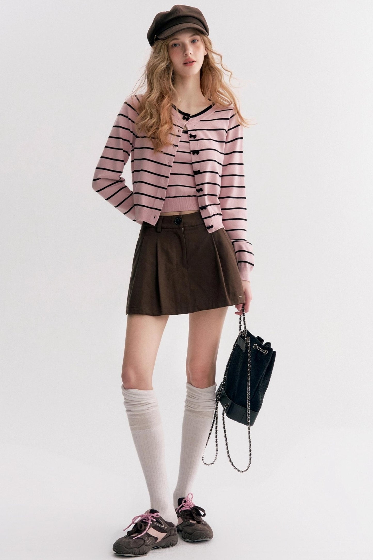 Striped Knit Suspender Cardigan & Top Set