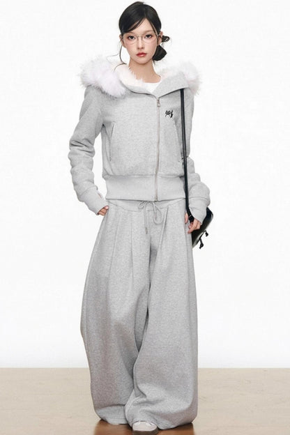 Plush Knitted Zipper Sweatshirt Set-Up