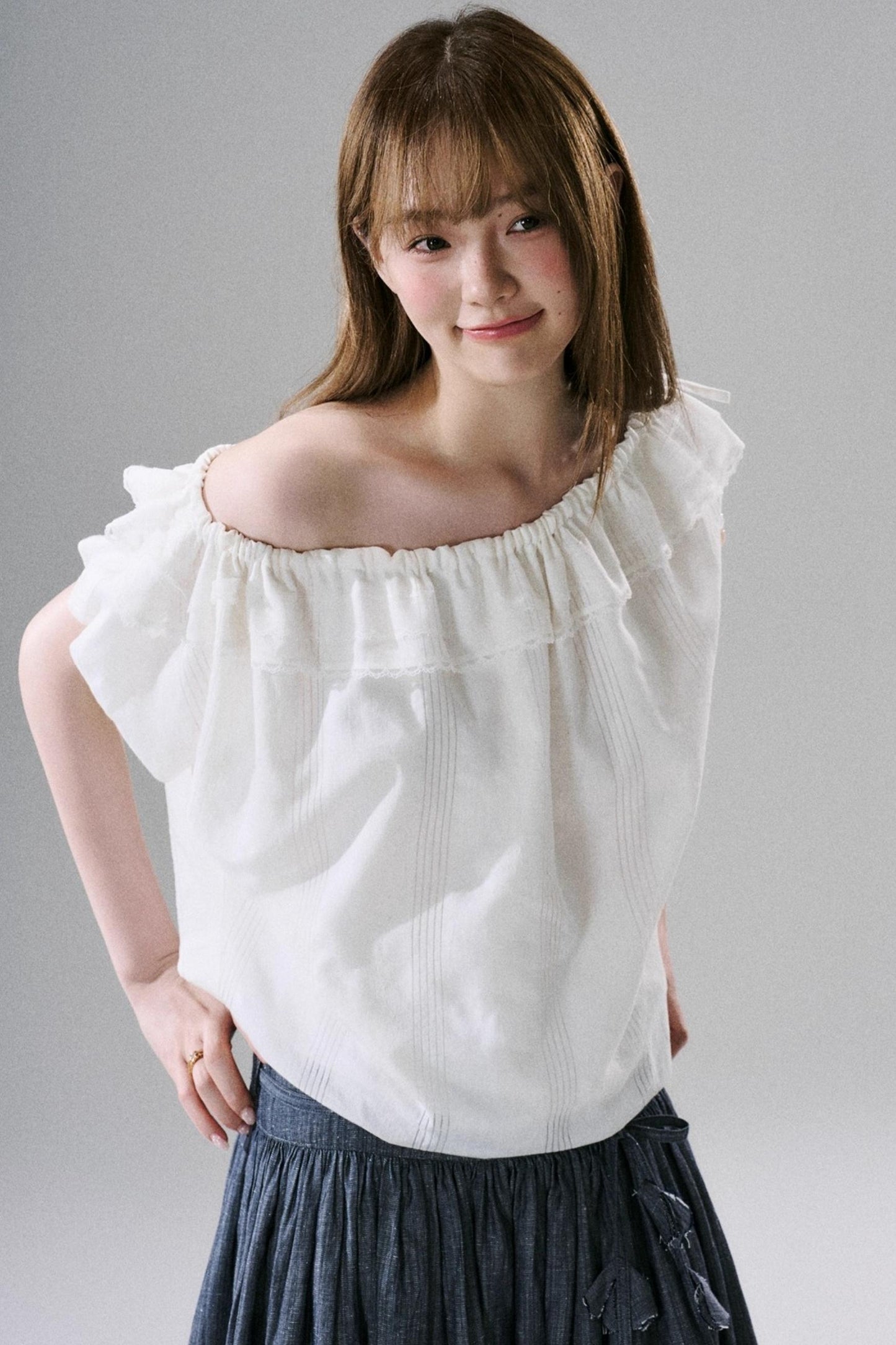 Beaded One-Shoulder Linen Top