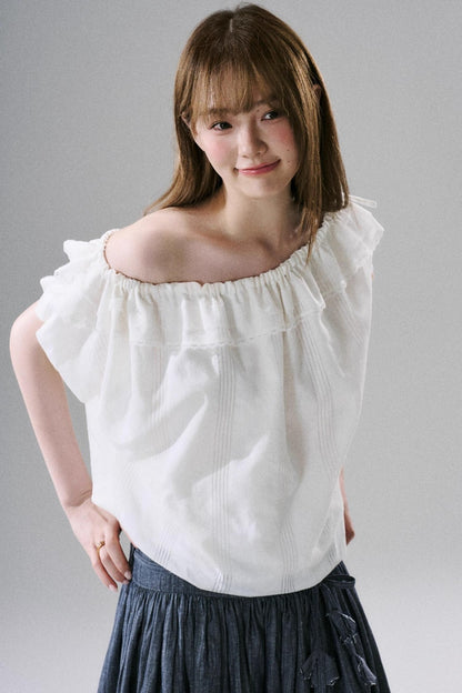 Beaded One-Shoulder Linen Top