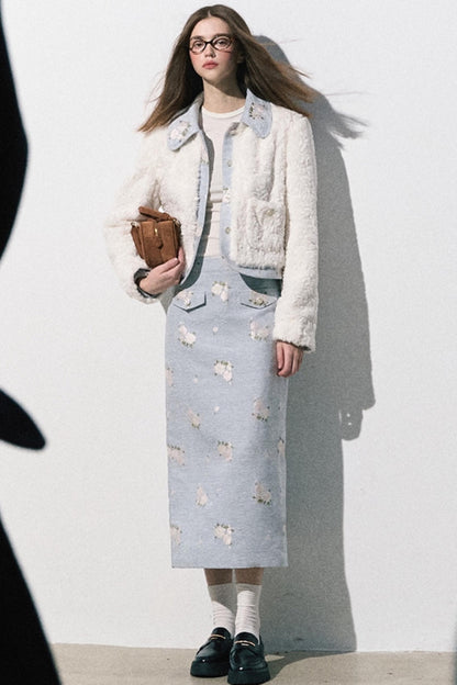 Baby Blue Jacquard Eco Fur Skirt Set-Up