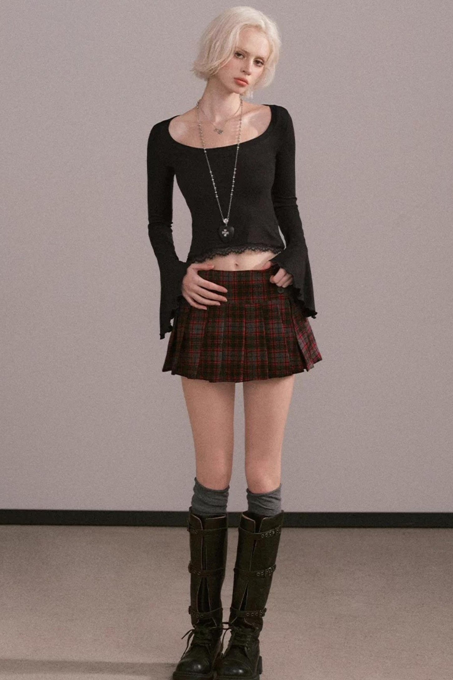 Plaid Wool Pleated Skirt
