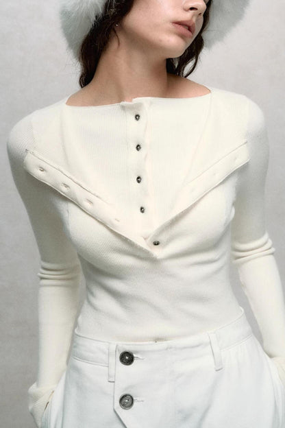 Double-Collar Slim Knit Top