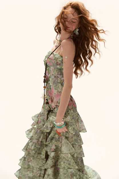 Green Floral Strapless Dress