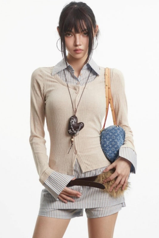 Retro Fake Two Striped Autumn Top